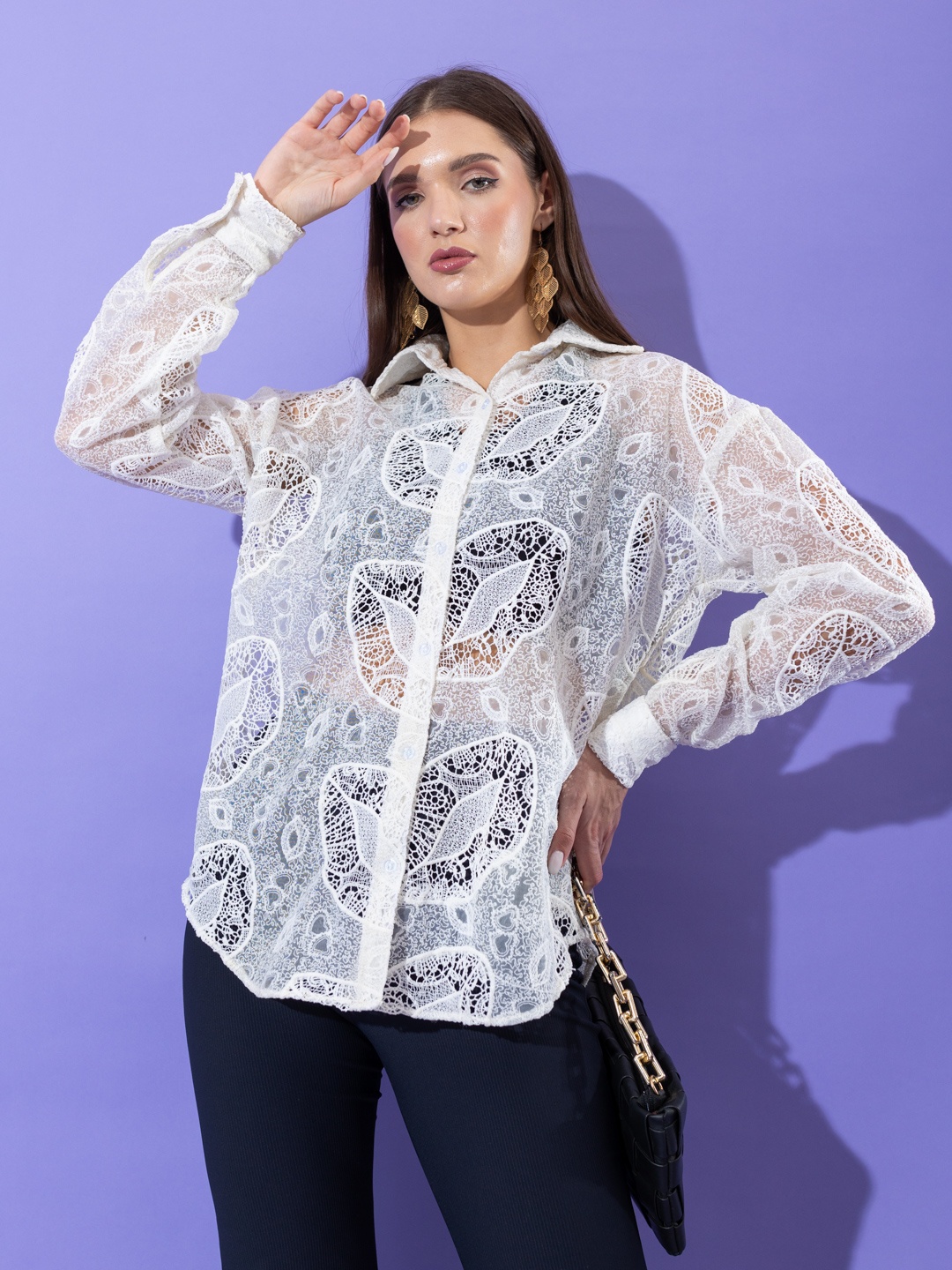 

Stylecast X Hersheinbox Cotton Lace Inserted Self Designed Semi Sheer Casual Shirt, White