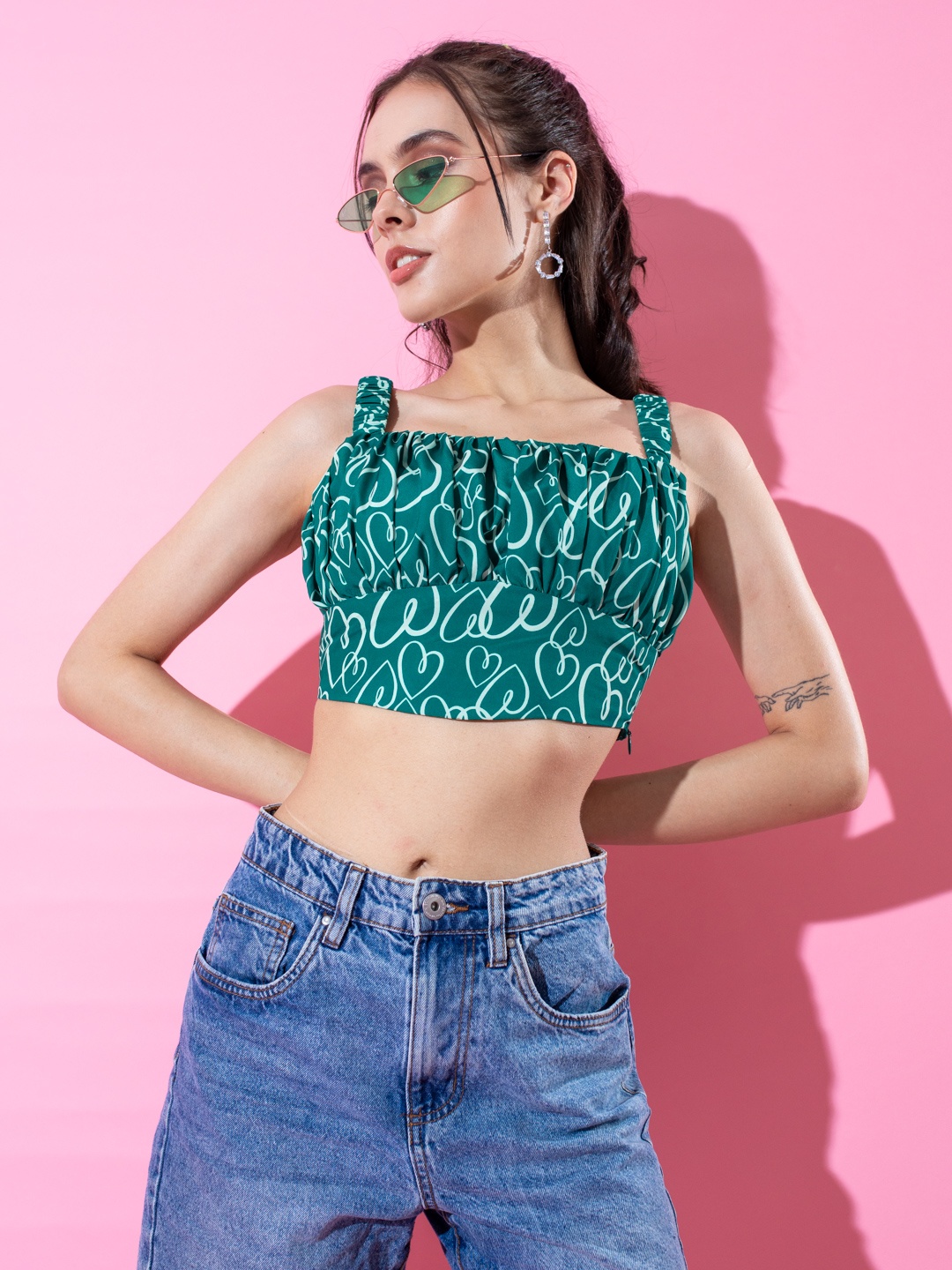 

Stylecast X Hersheinbox Geometric Print Crepe Blouson Crop Top, Green