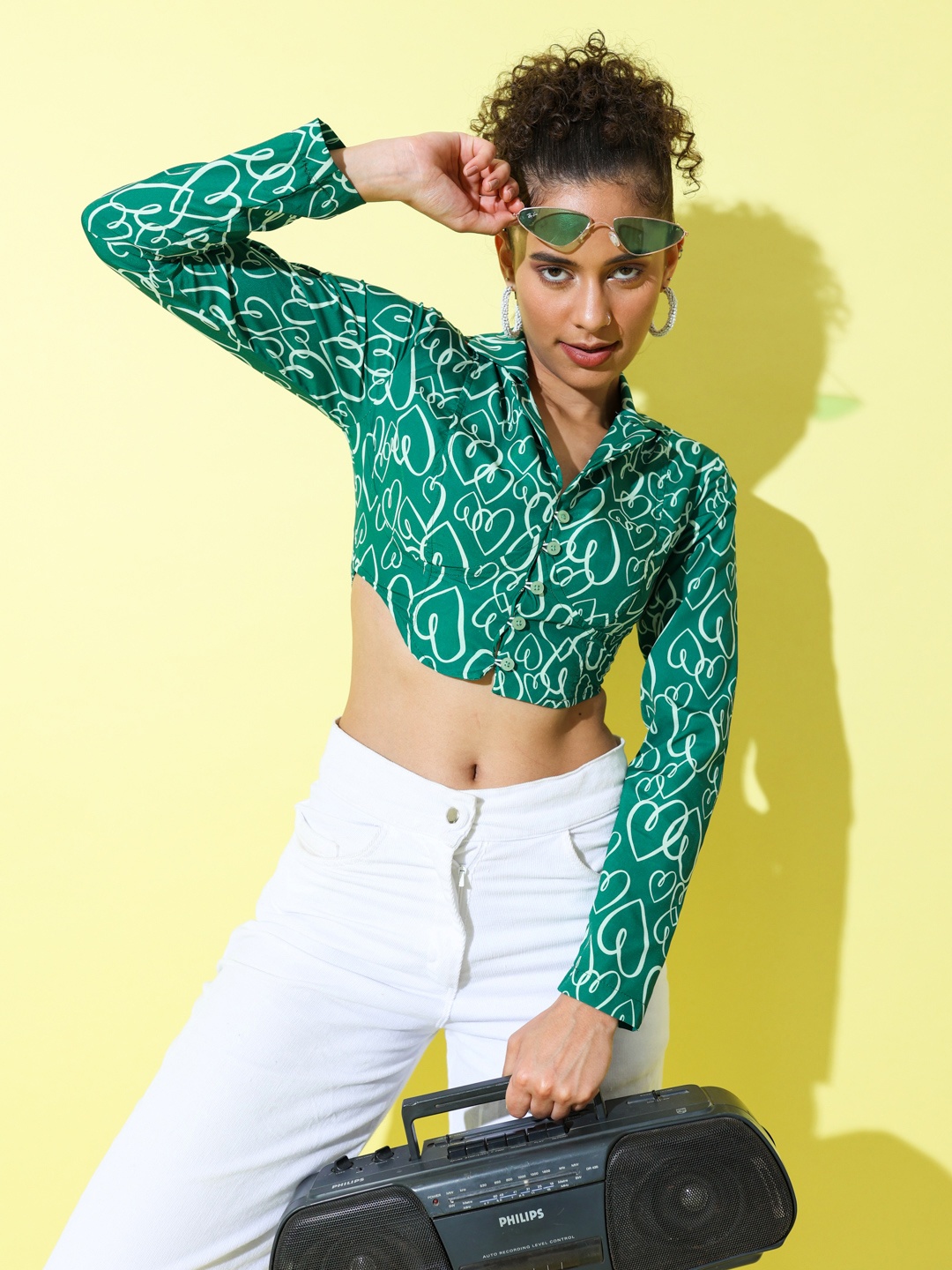 

Stylecast X Hersheinbox Conversational Print Cuban Collar Bustier Crop Top, Green