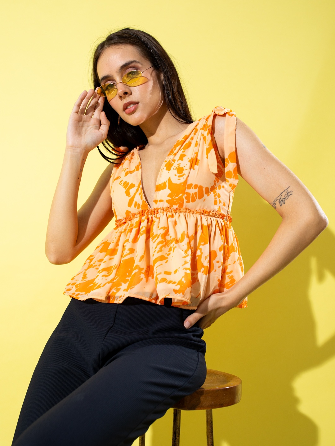 

Stylecast X Hersheinbox Abstract Print Georgette Empire Top, Orange