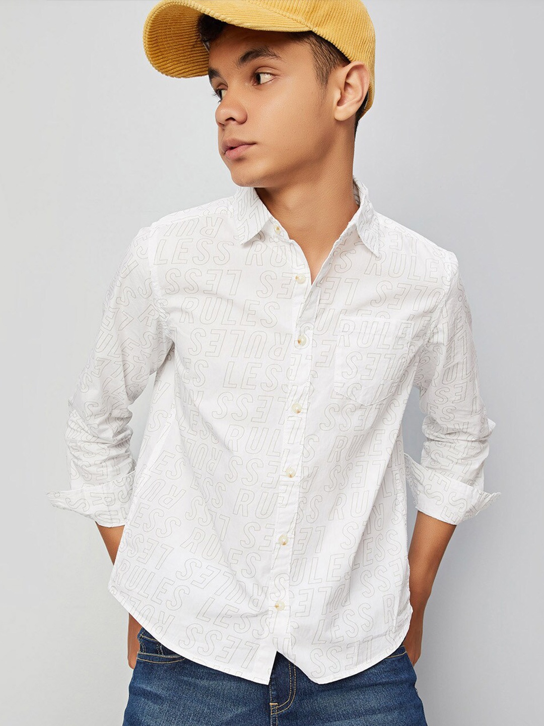 

max Boys Typography Opaque Printed Pure Cotton Casual Shirt, White
