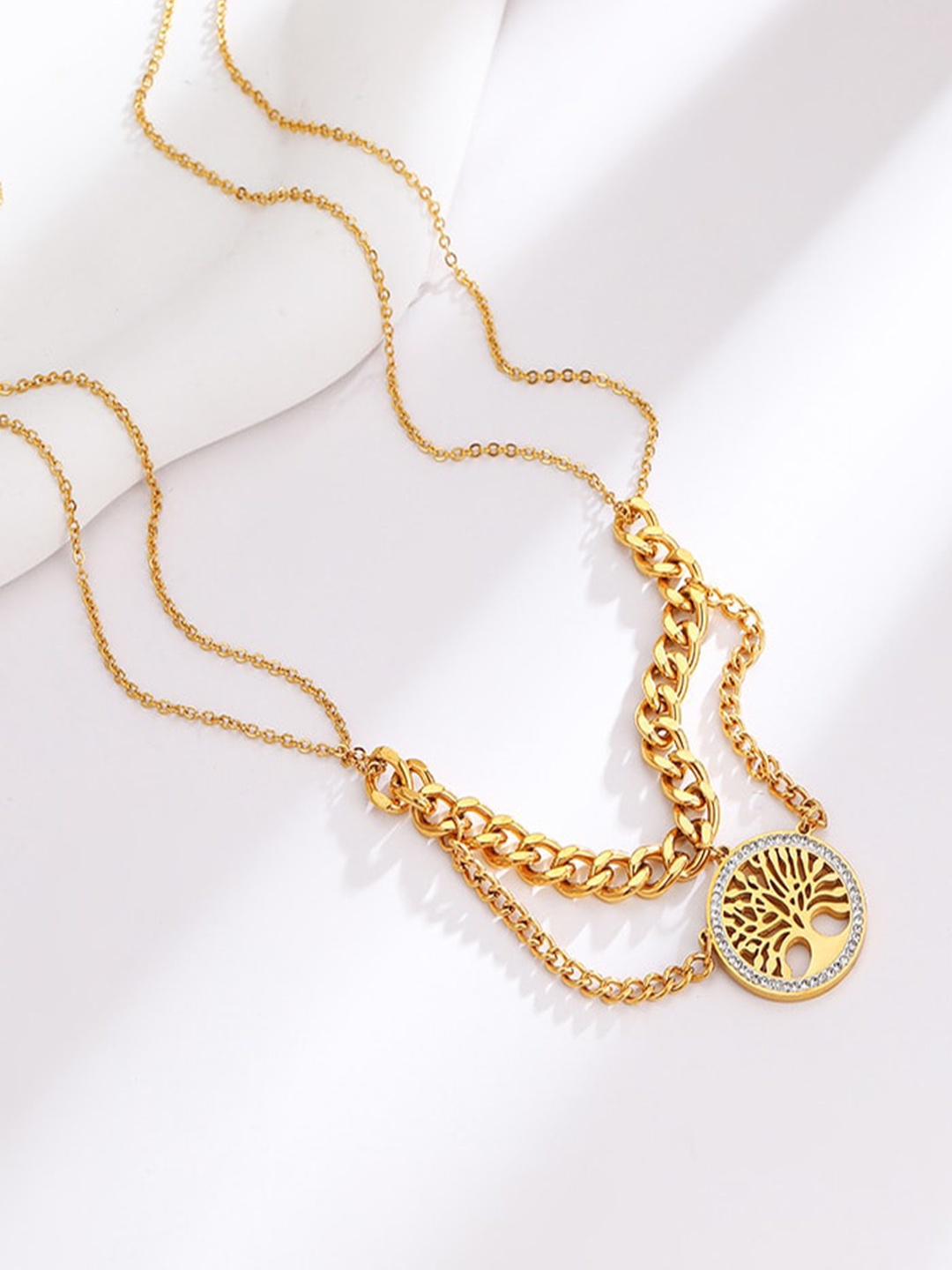 

MYKI Gold-Plated Cubic Zirconia Stone Studded Tree Pendant Necklace