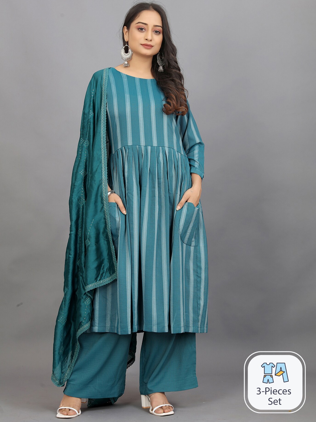 

Pari THE FASHION STUDIO Striped Regular Kurta with Trousers & With Dupatta, Teal