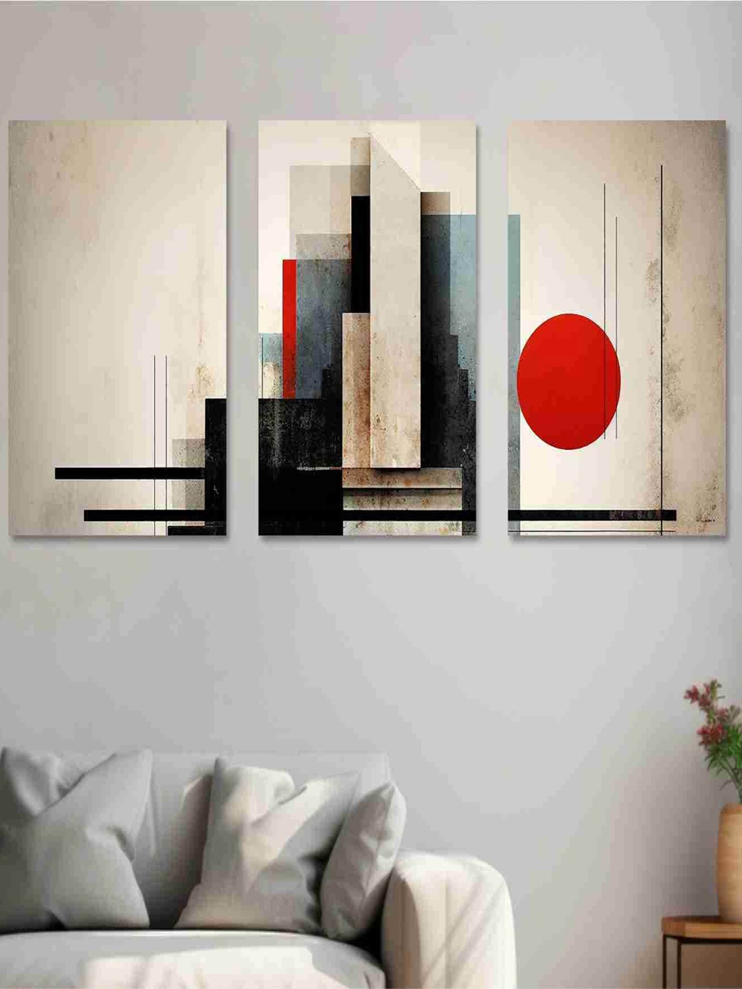 

SAF 2 Pcs Cream-Coloured & Red Abstract Painting Canvas Wall Art