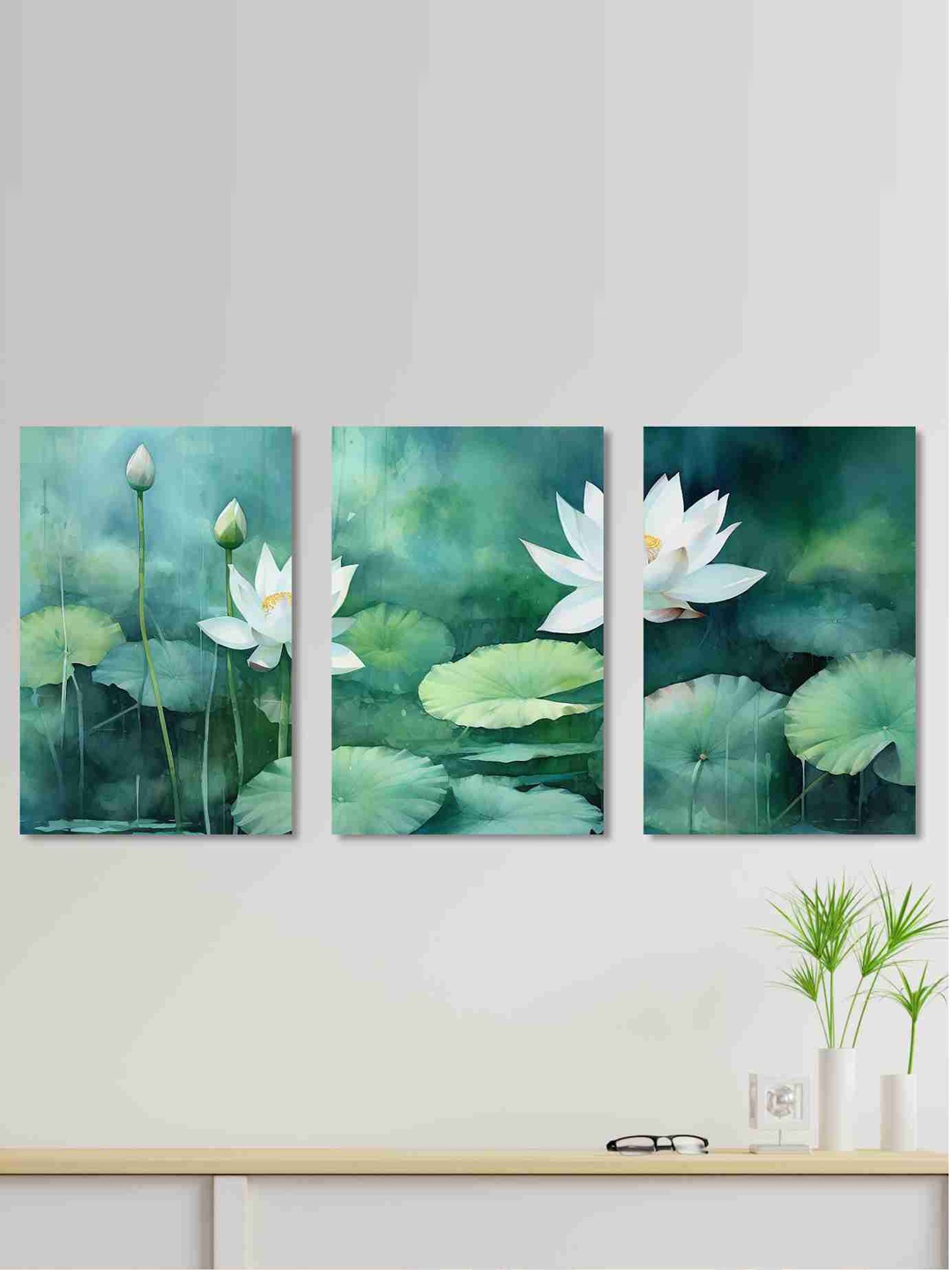 

SAF 3 Pcs Green & White Floral Painting Canvas Wall Art