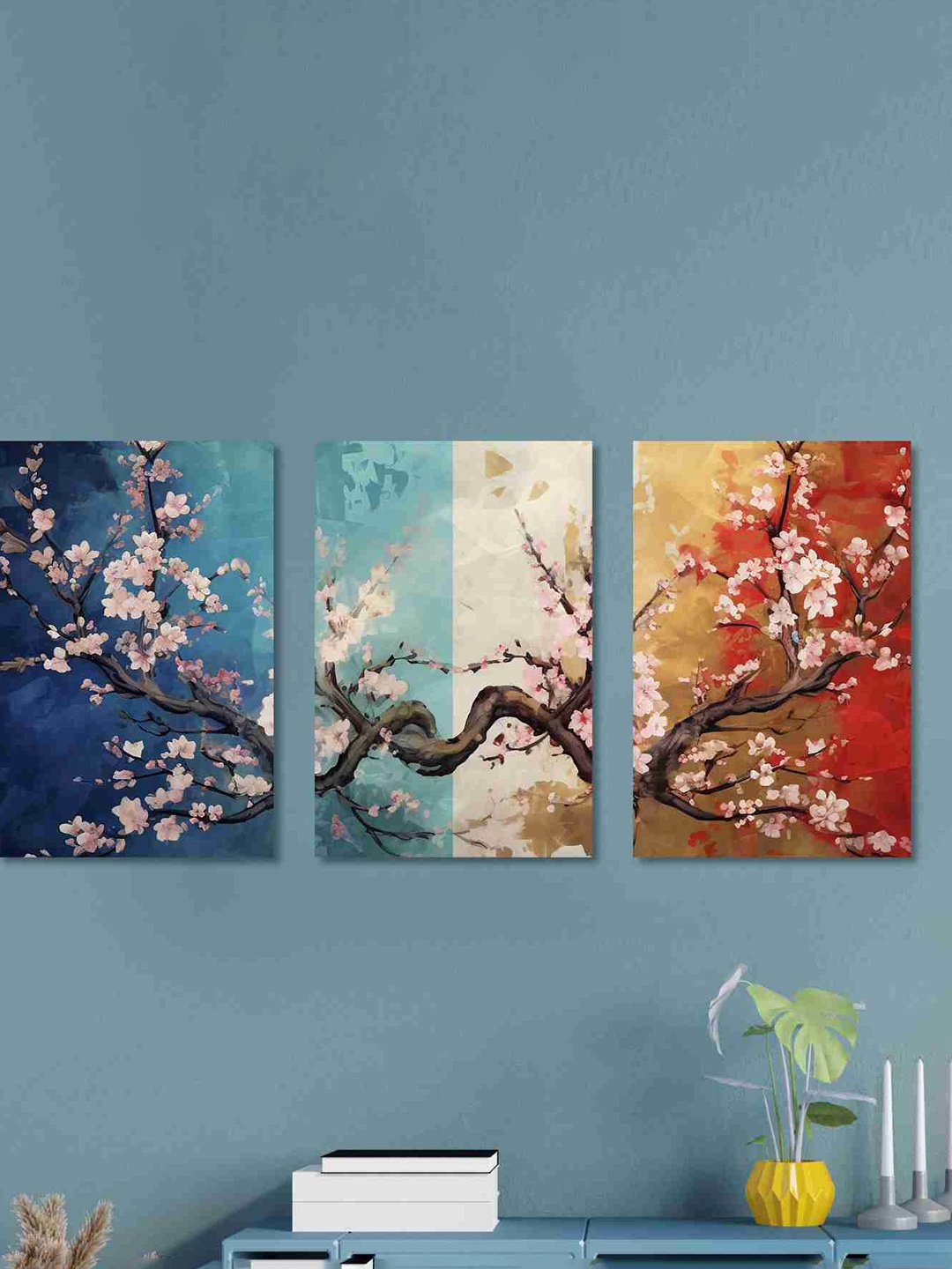 

SAF Blue & Red 3 Pieces Floral Painted Canvas Wall Art