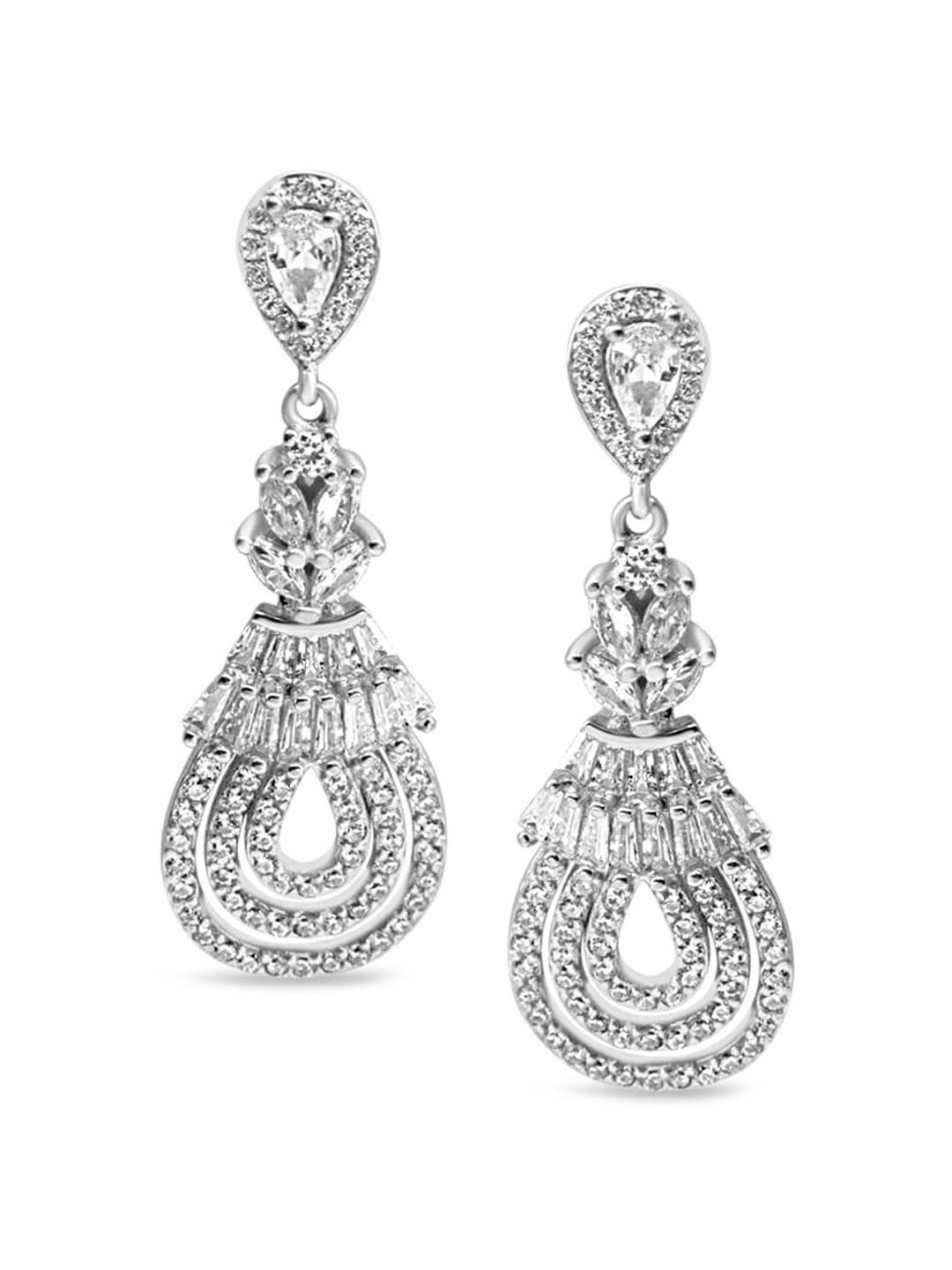 

Zarkan Rhodium-Plated AD-Studded Contemporary Drop Earrings, Silver