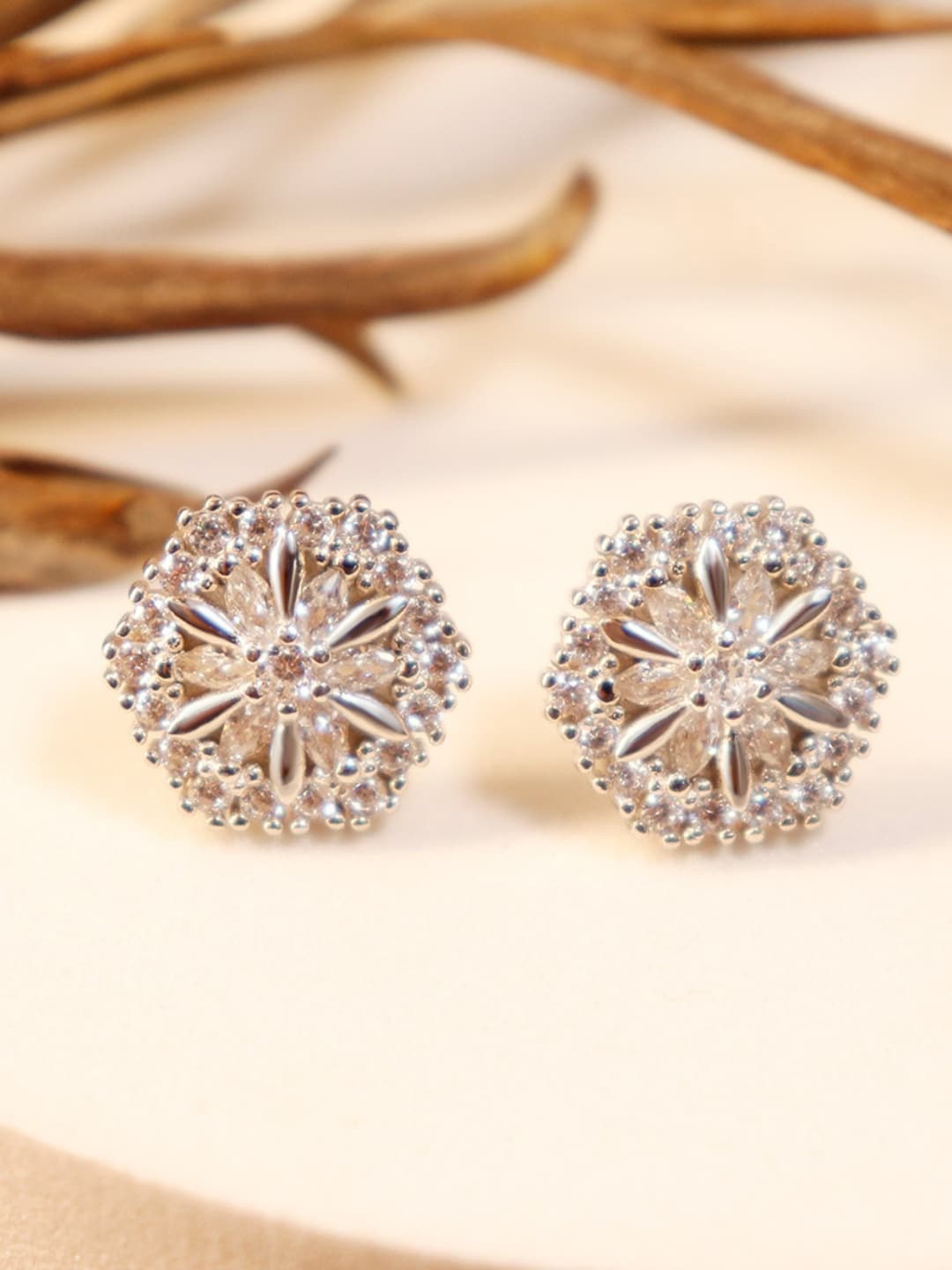 

Zarkan Sterling Silver Rhodium-Plated American Diamond Studs Earrings