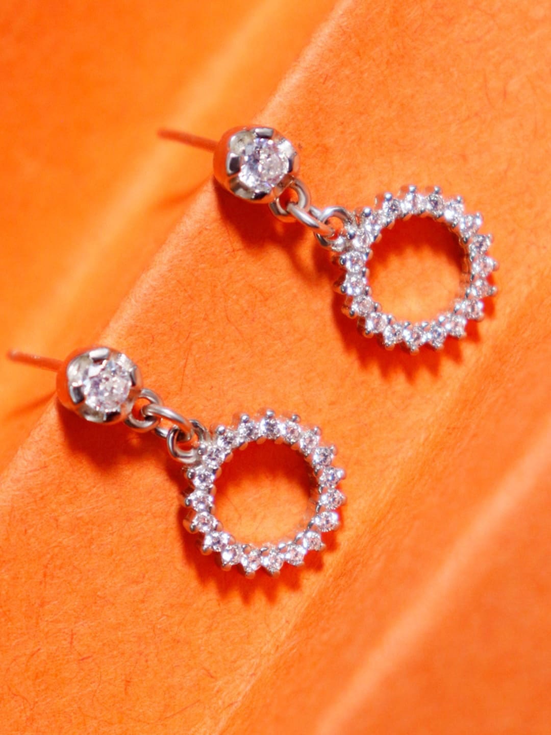 

Zarkan Rhodium-Plated American Diamond-Studded Contemporary Drop Earrings, Silver