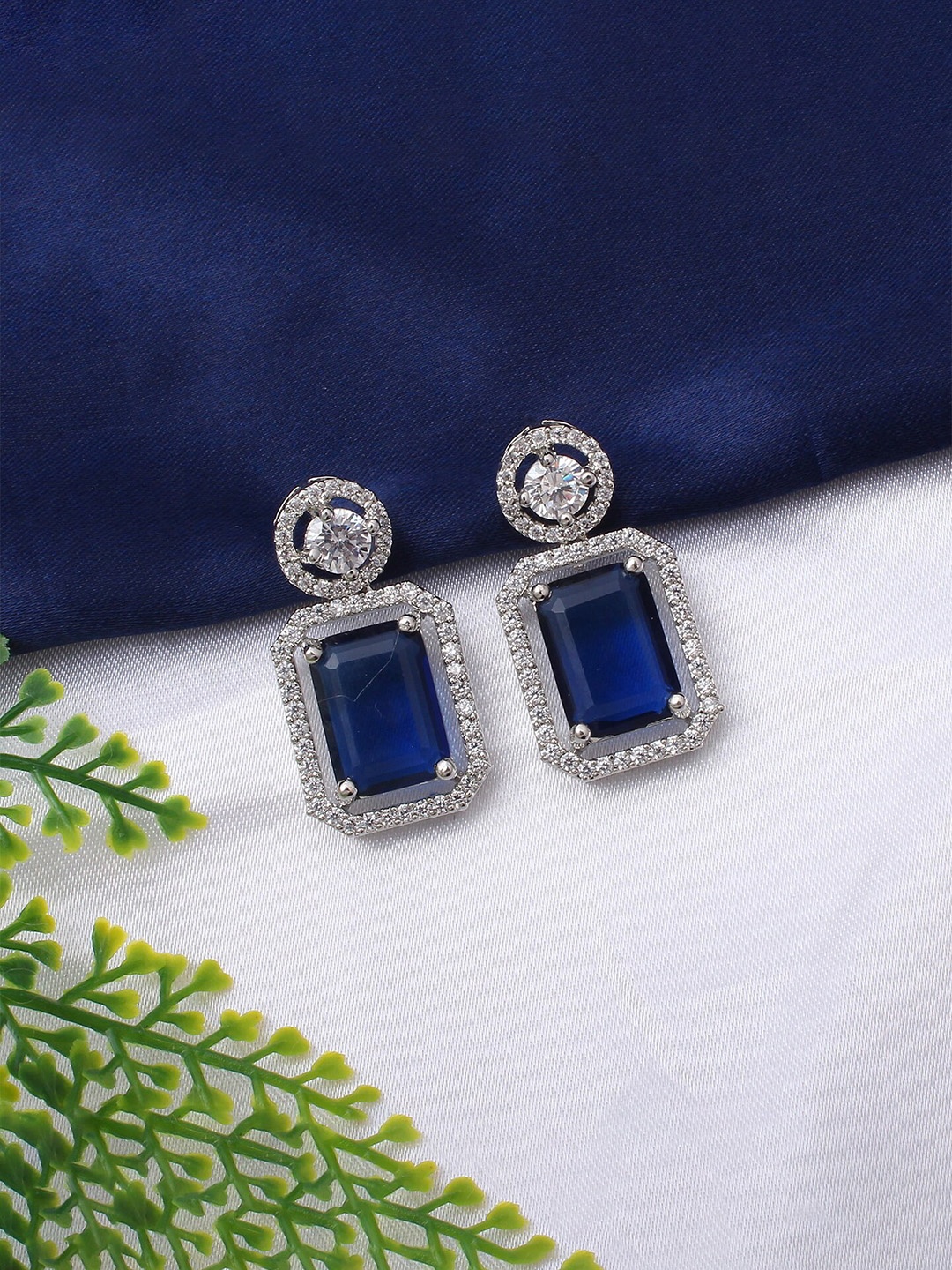 

Mirana Rhodium Plated AD Studded Geometric Drop Earrings, Silver