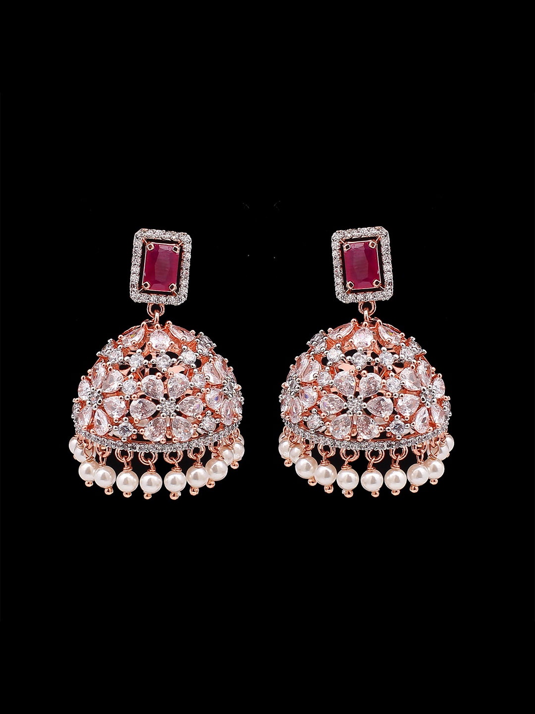 

Mirana Rose Gold Plated American Diamond Studded Contemporary Jhumkas