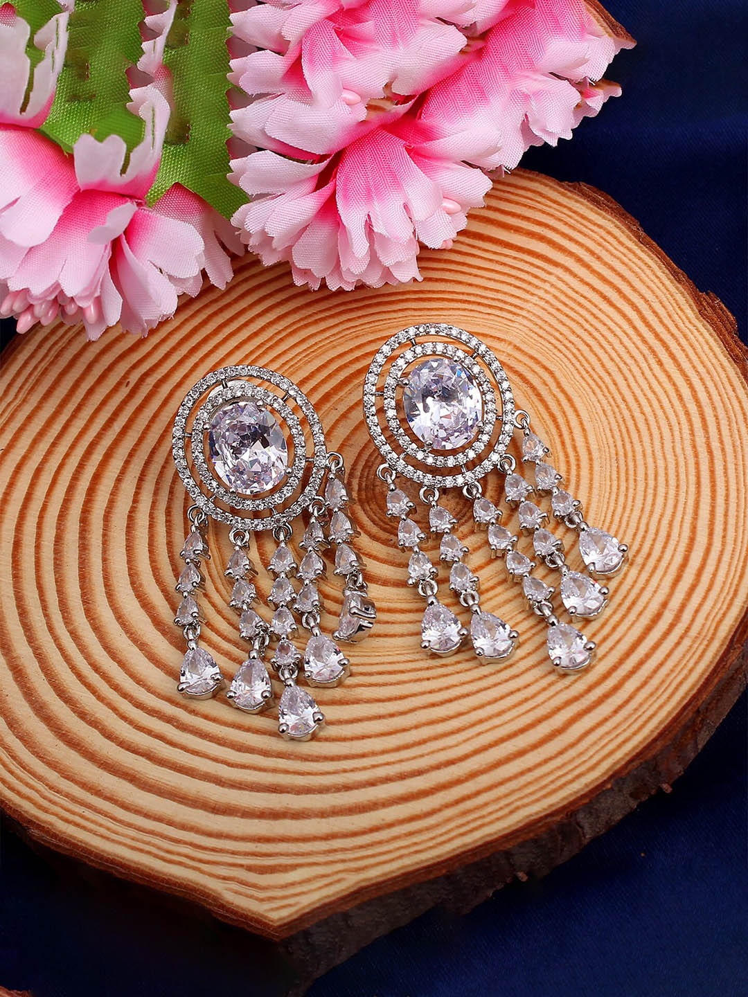 

Mirana Rhodium Plated American Diamond Studded Drop Earrings, Silver