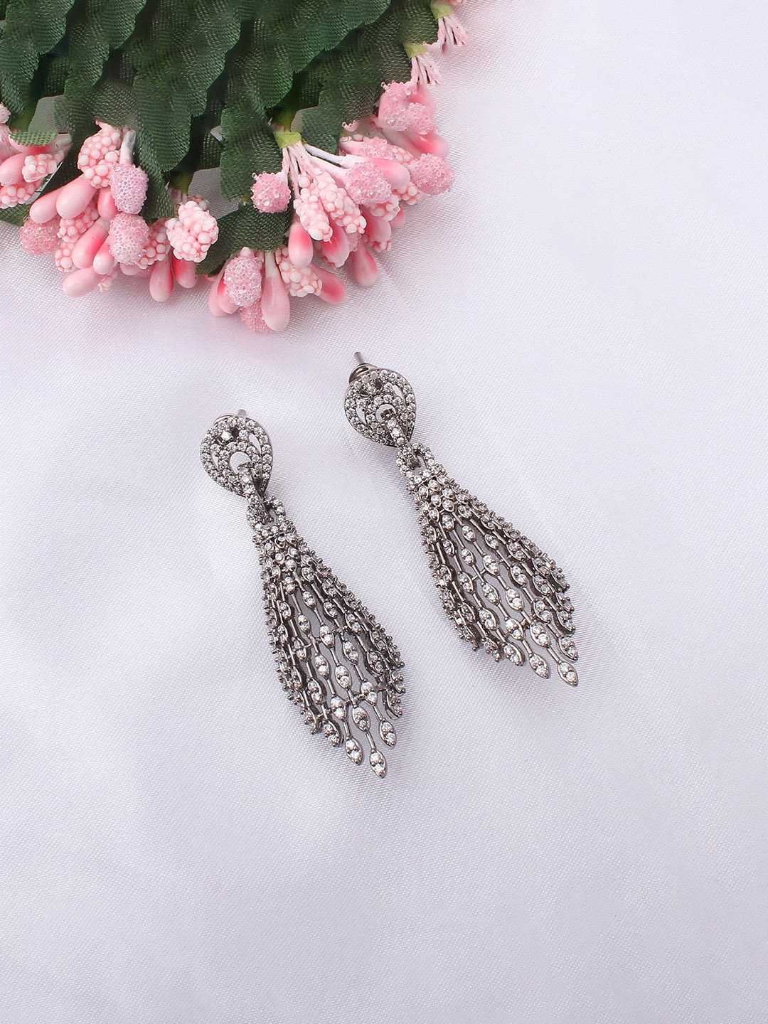 

Mirana Rhodium Plated American Diamond Studded Drop Earrings, Silver