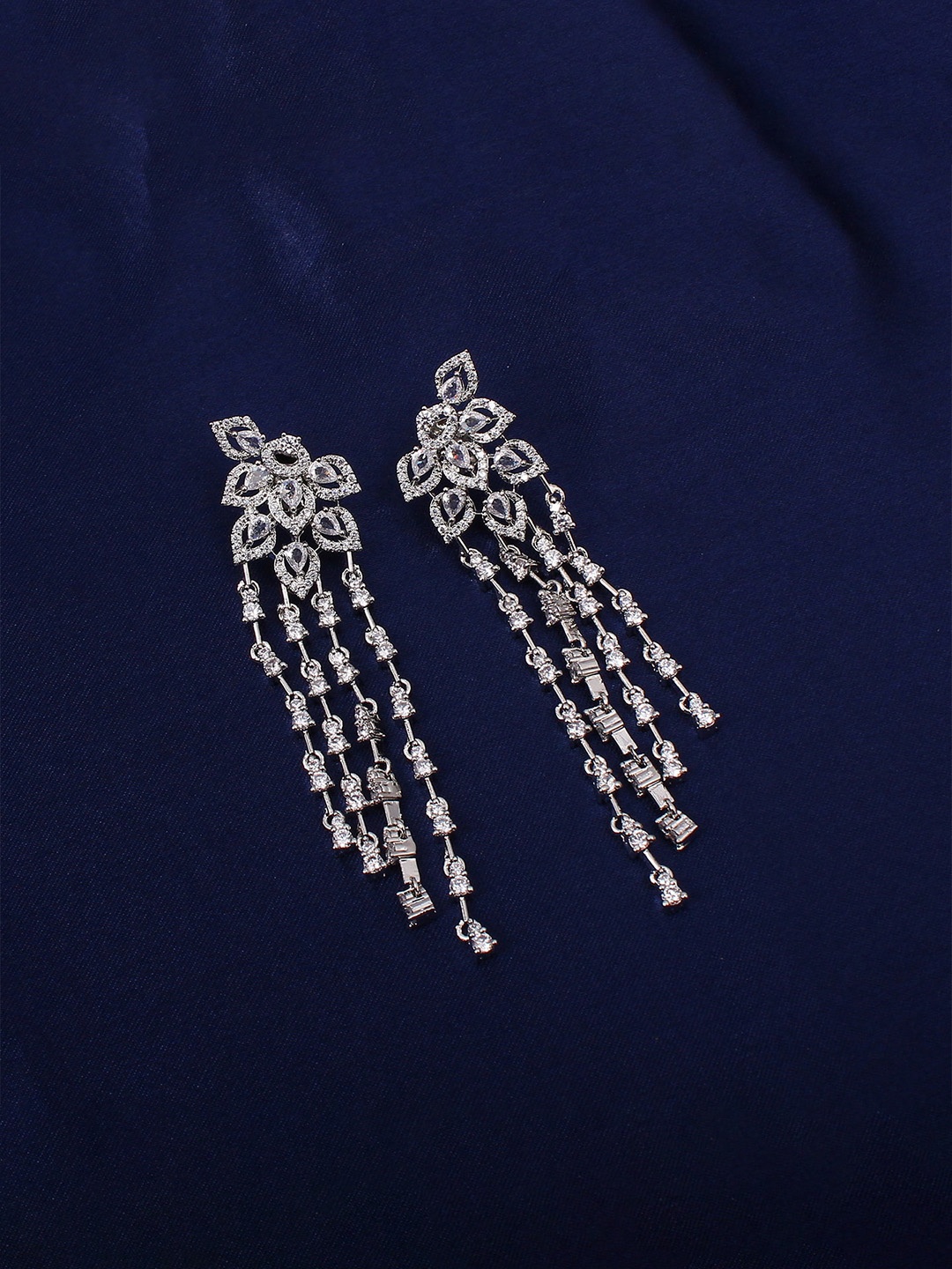 

Mirana Rhodium Plated AD Studded Contemporary Drop Earrings, Silver