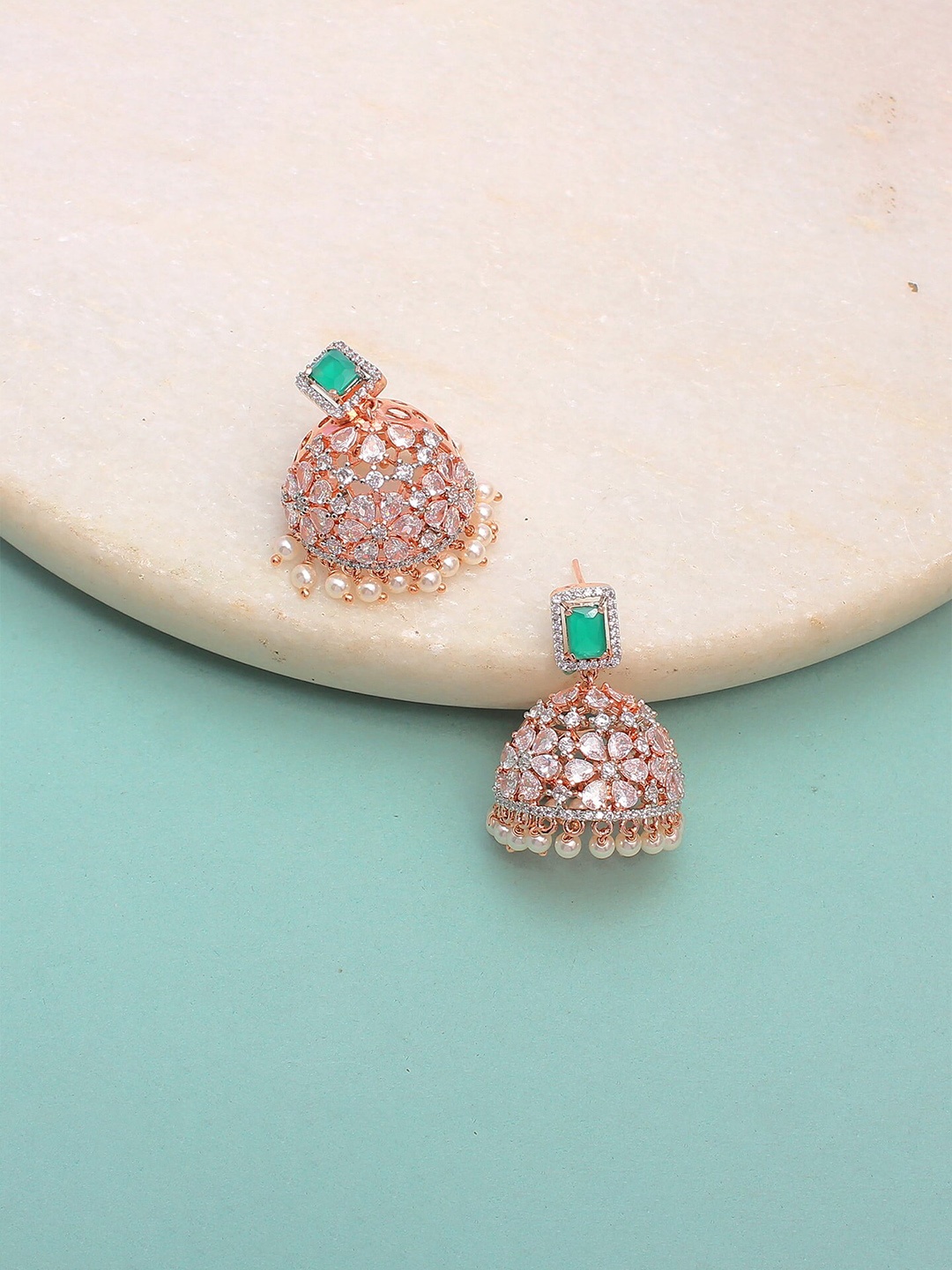 

Mirana Rose Gold-Plated AD Studded Contemporary Jhumkas