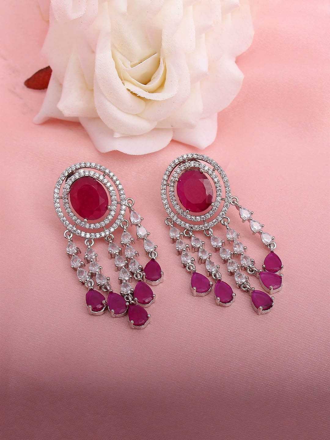 

Mirana American Diamond Rhodium-Plated Contemporary Drop Earrings, Silver