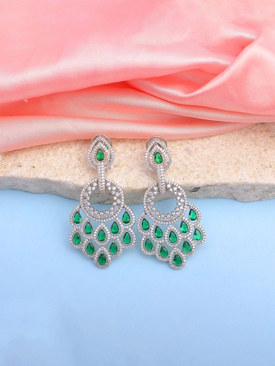 

Mirana Rhodium Plated American Diamond & Emerald Studded Drop Earrings, Silver