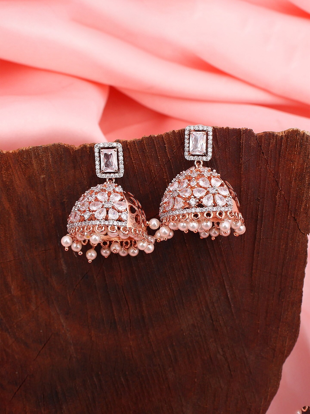 

Mirana Rose Gold Plated American Diamond Studded & Beaded Jhumkas