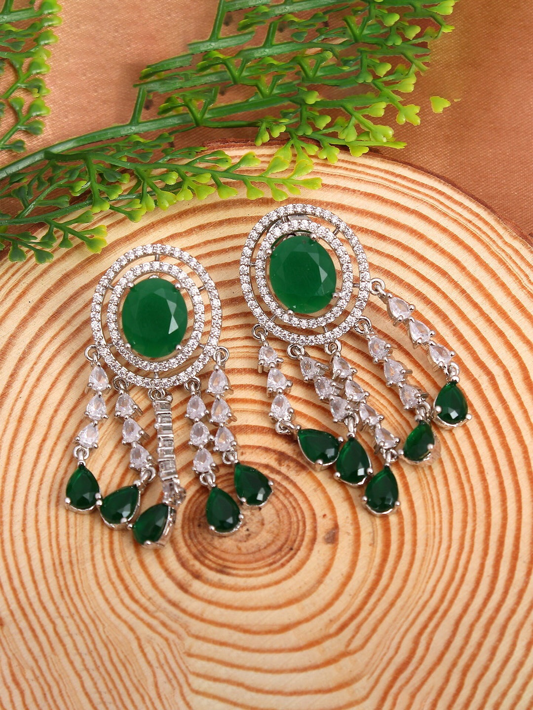 

Mirana Rhodium Plated American Diamond & Emerald Studded Drop Earrings, Silver