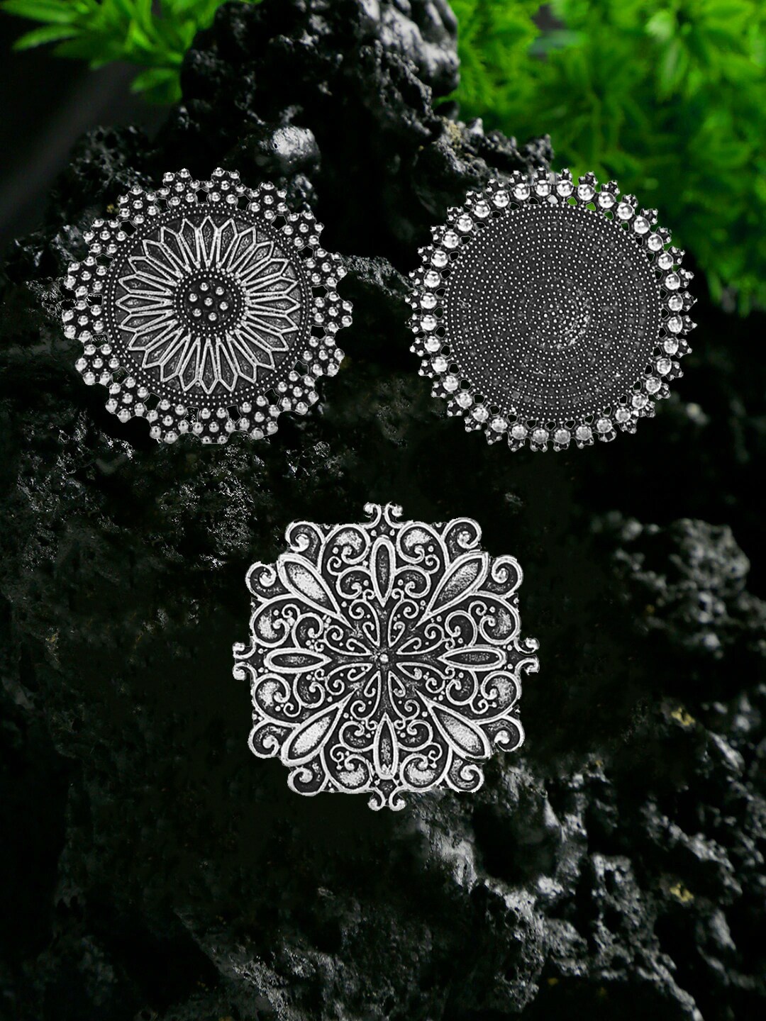

Sangria Set Of 3 Silver-Plated Textured Oxidized Finger Ring