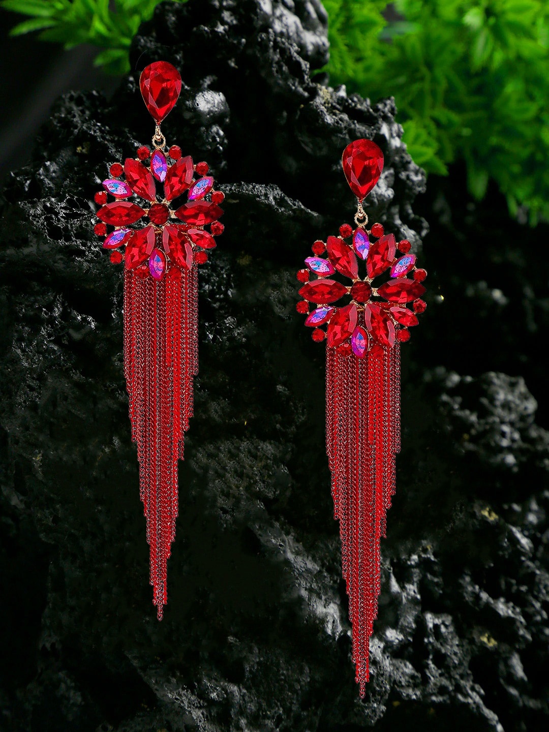 

DressBerry Gold-Plated Artificial Stones Studded Tasselled Drop Earrings