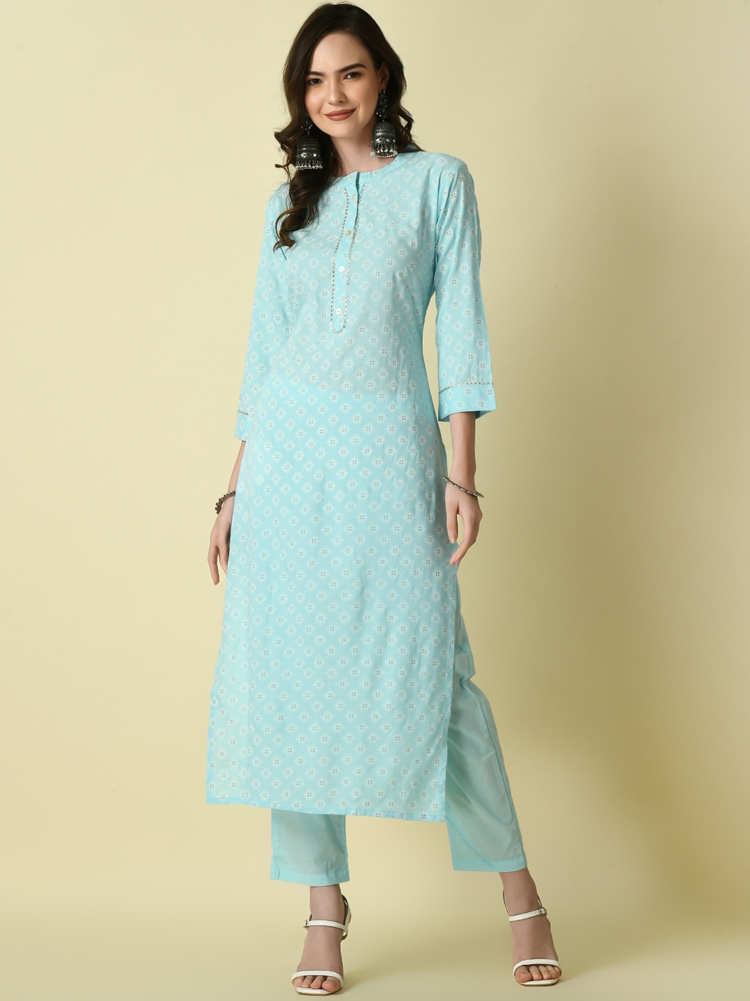 

ZYORIKA Ethnic Motifs Printed Regular Gotta Patti Kurta with Trousers, Blue