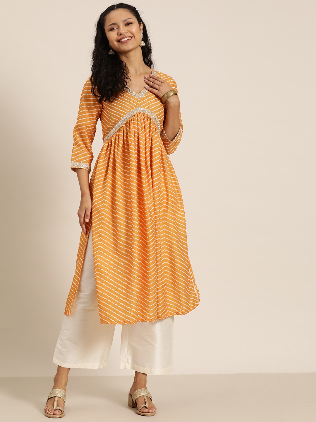 

HERE&NOW Striped Sequinned Anarkali Kurta, Yellow