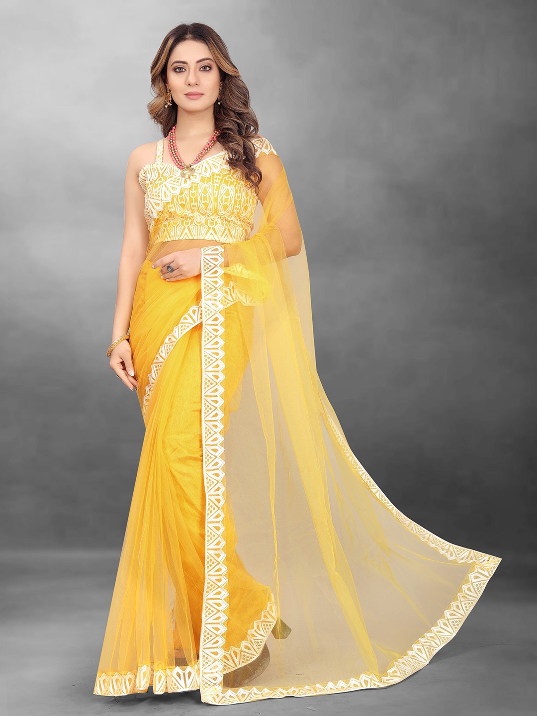 

BARKIYA CREATION Embroidered Net Saree, Yellow