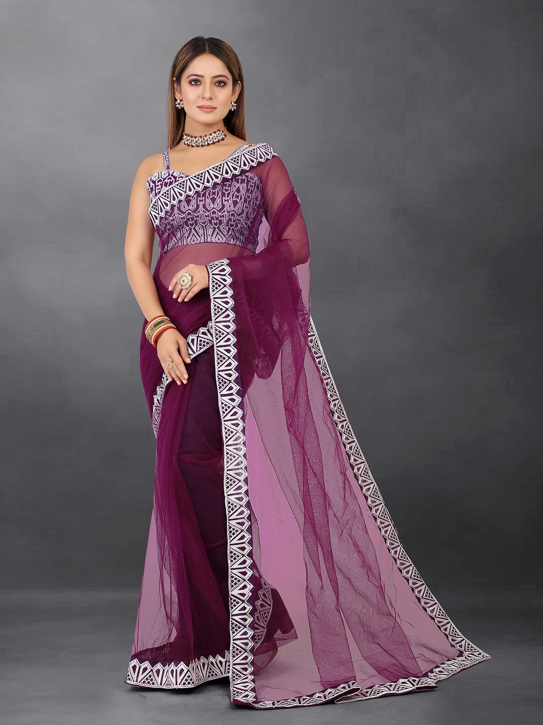 

BARKIYA CREATION Embroidered Net Saree, Purple