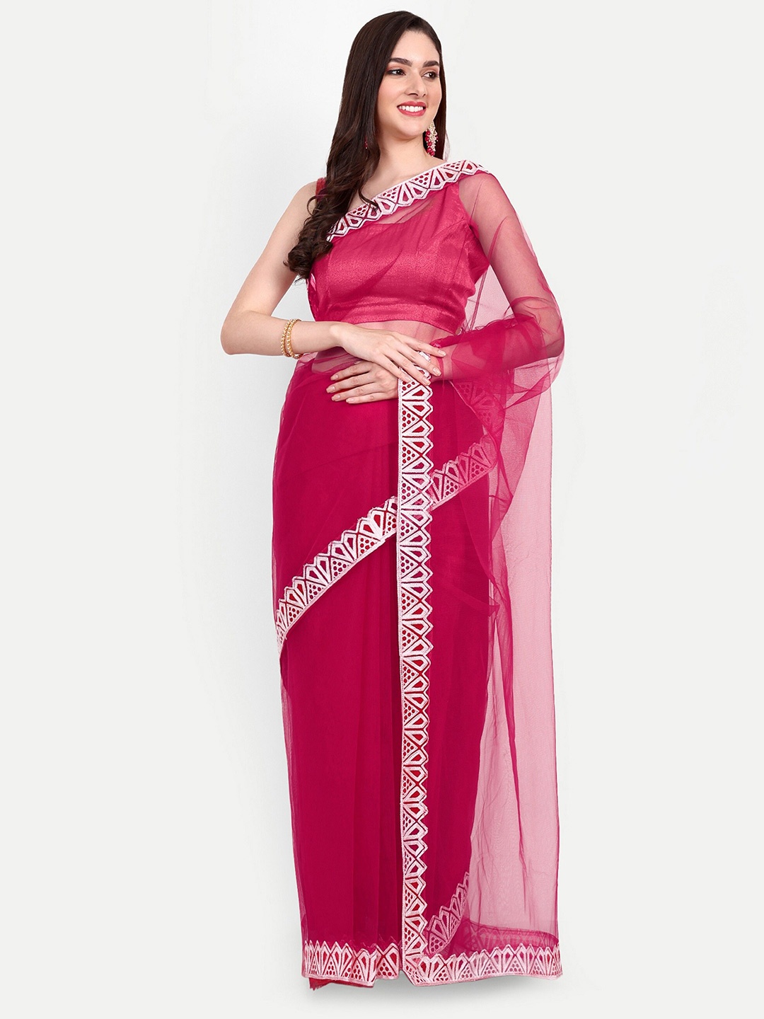 

BARKIYA CREATION Embroidered Net Saree, Pink