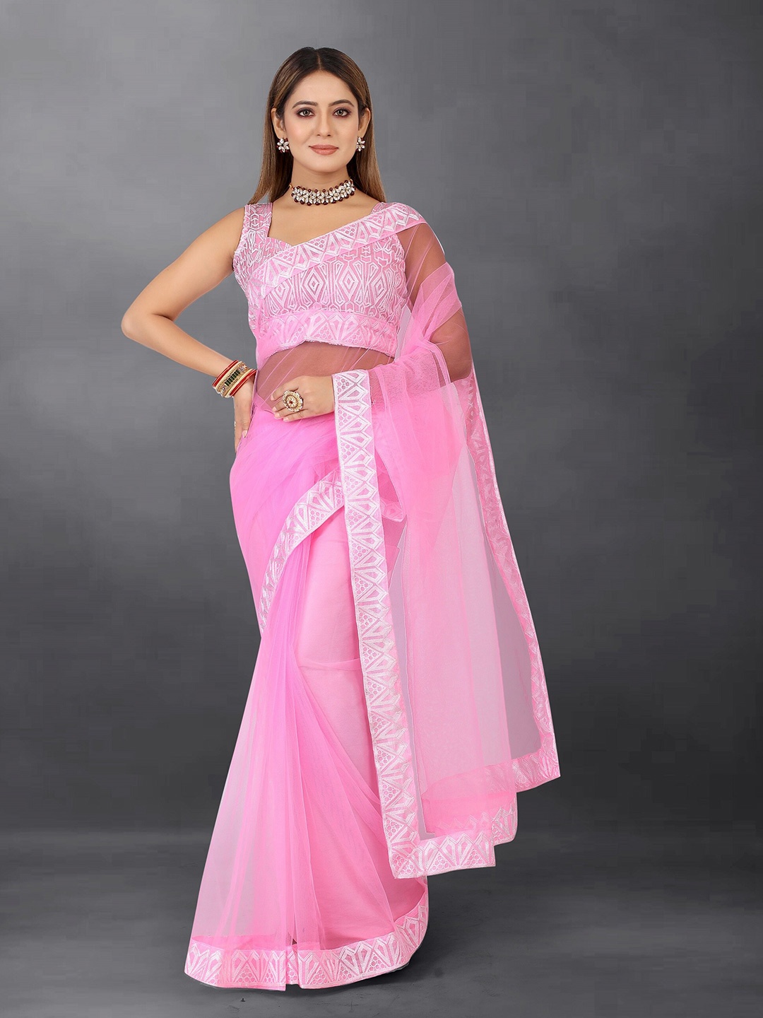 

BARKIYA CREATION Embroidered Net Saree, Pink