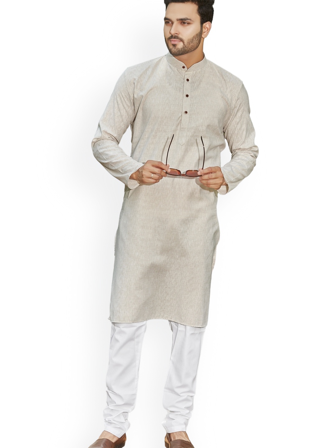 

Authentics Mandarin Collar Cotton Linen Kurta with Churidar, Beige