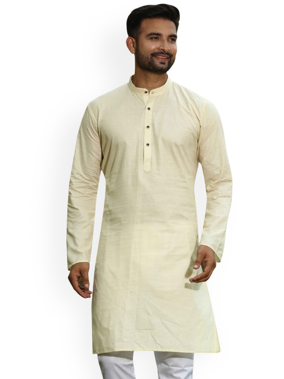 

Authentics Mandarin Collar Straight Regular Pure Cotton Kurta with Pyjamas, Beige