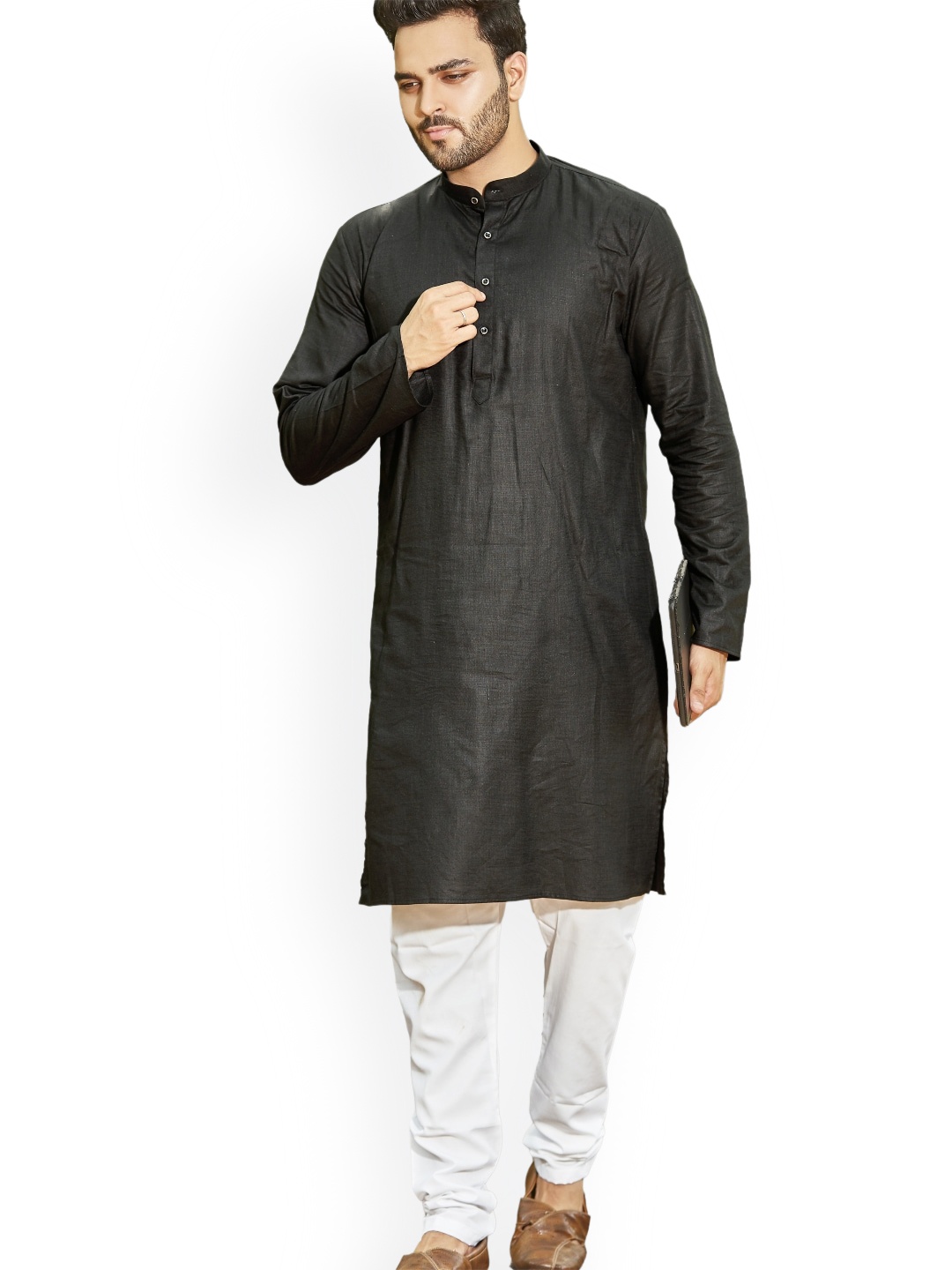

Authentics Band Collar Regular Pure Cotton Straight Kurta with Pyjamas, Black