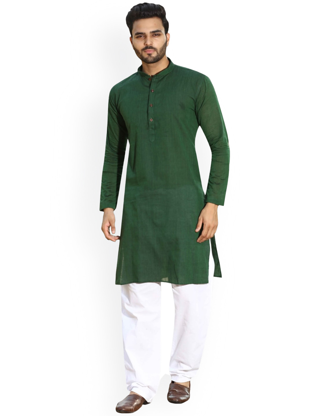 

Authentics Band Collar Regular Kurta with Pyjamas, Green