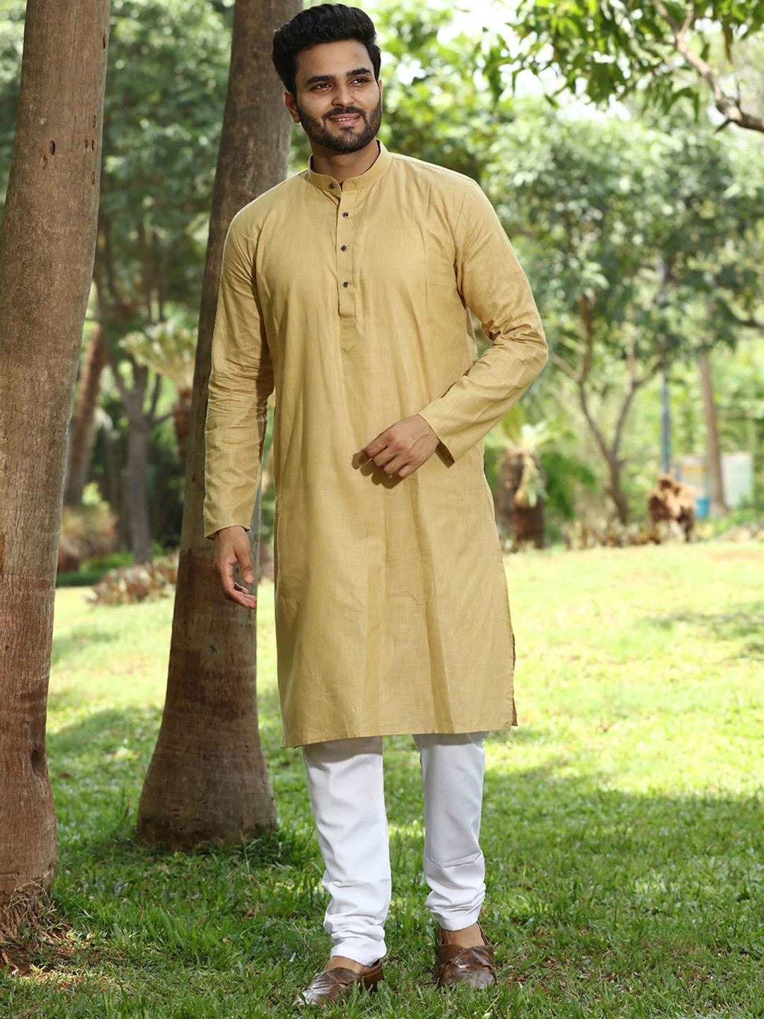 

Authentics Mandarin Collar Pure Cotton Kurta with Churidar, Brown