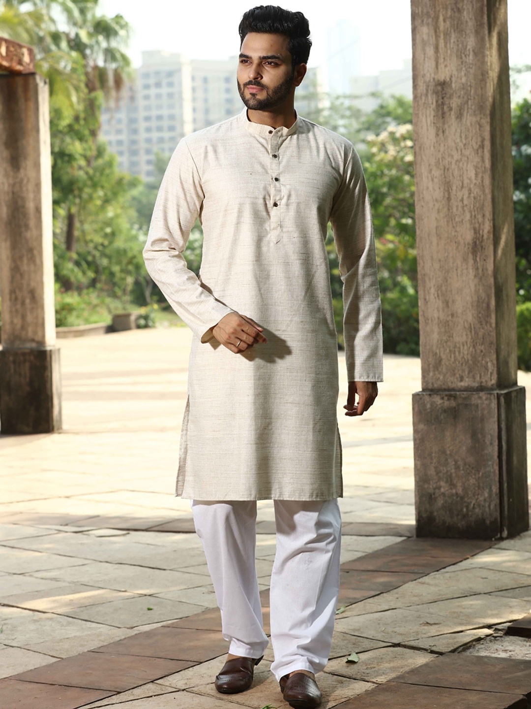 

Authentics Regular Mandarin Collar Kurta With Pyjamas, Beige