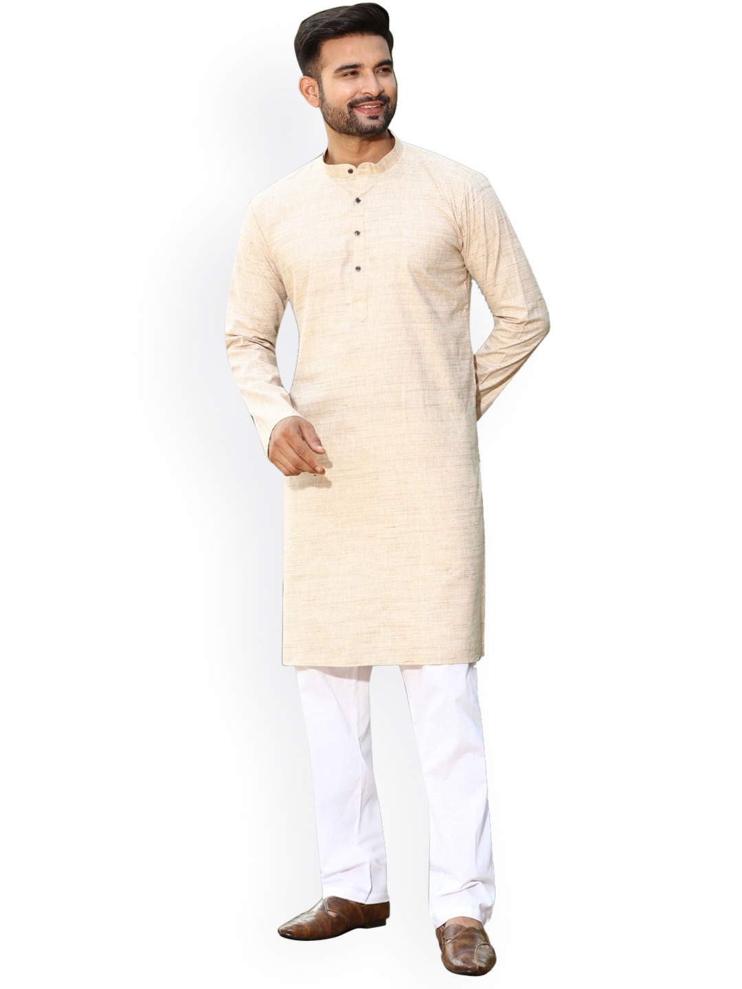 

Authentics Mandarin Collar Straight Regular Kurta with Pyjamas, Beige