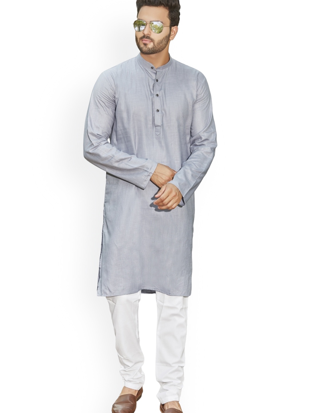 

Authentics Mandarin Collar Pure Cotton Kurta with Churidar, Grey