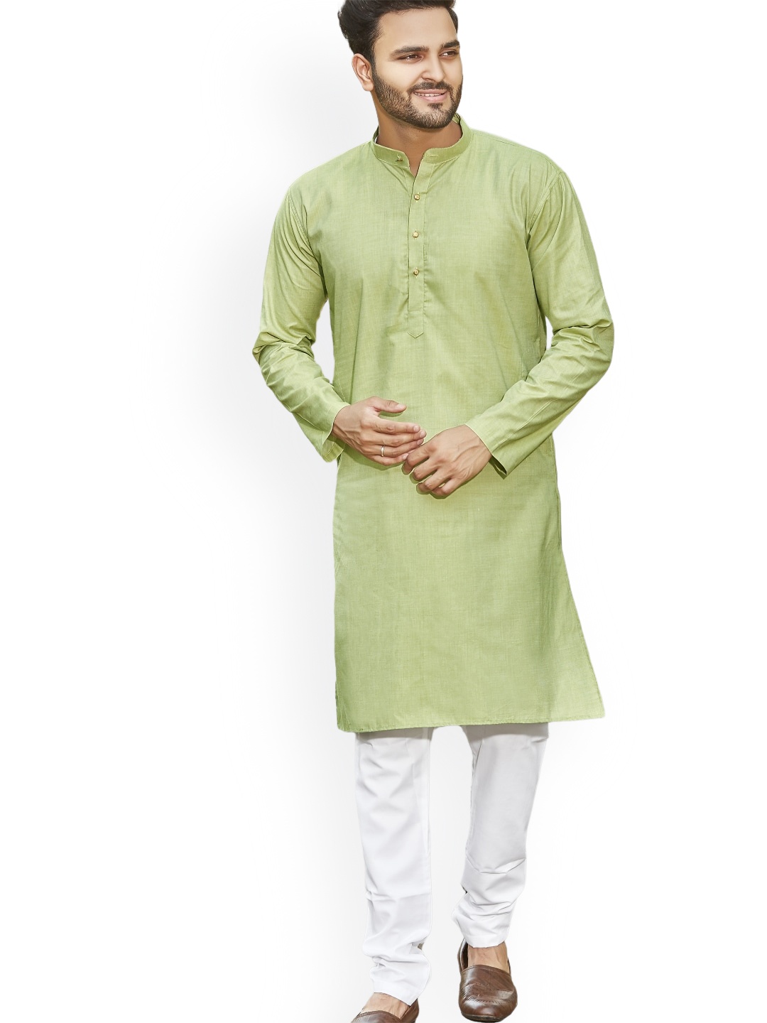 

Authentics Band Collar Regular Pure Cotton Straight Kurta with Pyjamas, Green