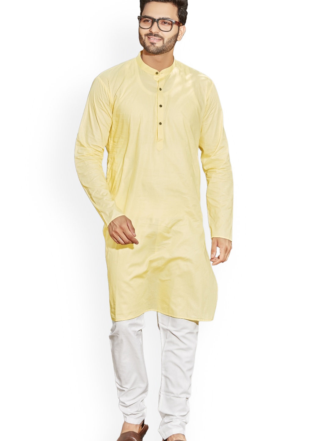 

Authentics Band Collar Regular Pure Cotton Straight Kurta with Pyjamas, Yellow