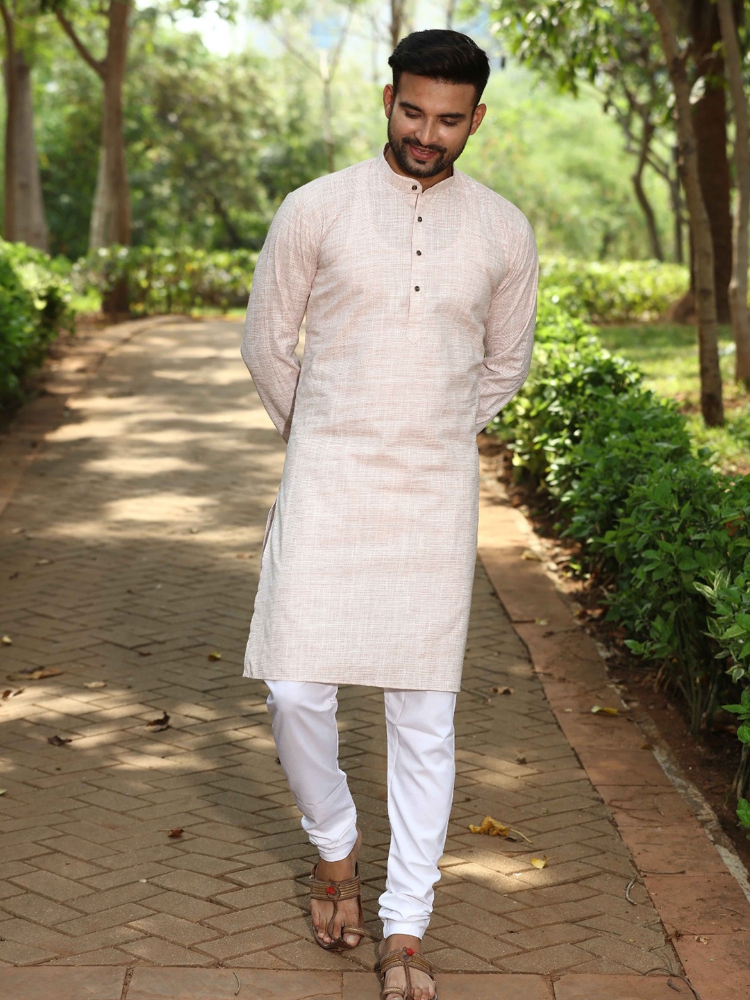 

Authentics Mandarin Collar Straight Regular Pure Cotton Kurta with Churidar, Brown