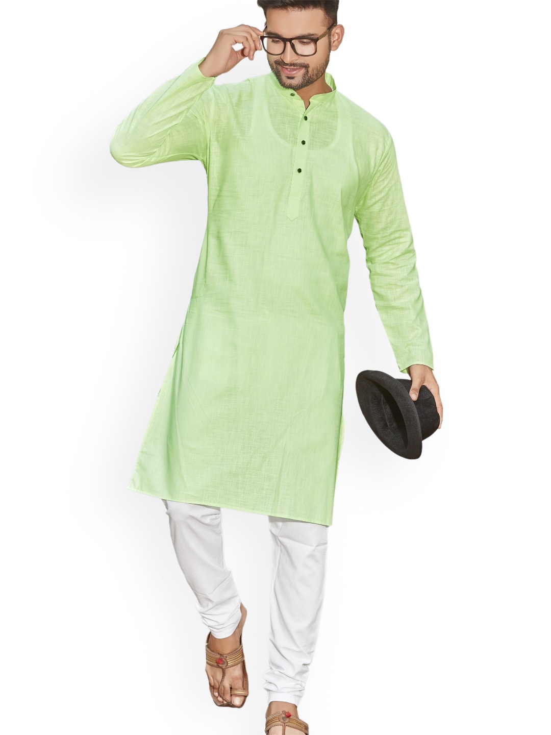 

Authentics Mandarin Collar Pure Cotton Kurta with Churidar, Green