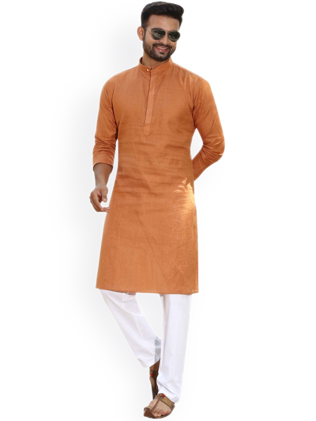 

Authentics Band Collar Regular Pure Linen Stright Kurta With Pyjamas, Mustard