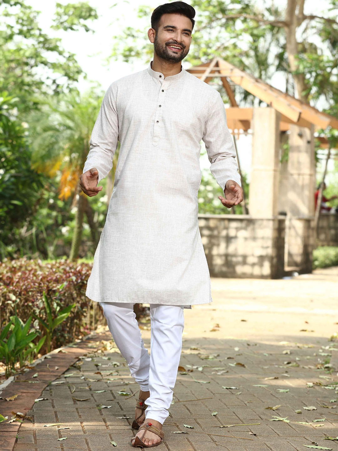 

Authentics Mandarin Collar Straight Regular Pure Cotton Kurta with Pyjamas, Beige