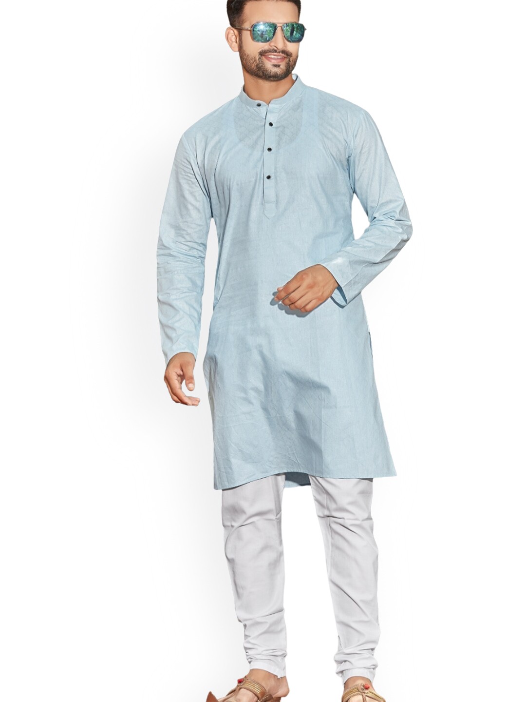 

Authentics Band Collar Regular Pure Cotton Straight Kurta with Pyjamas, Blue
