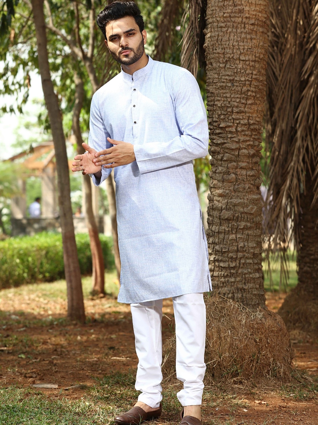 

Authentics Mandarin Collar Cotton Kurta with Churidar, Blue