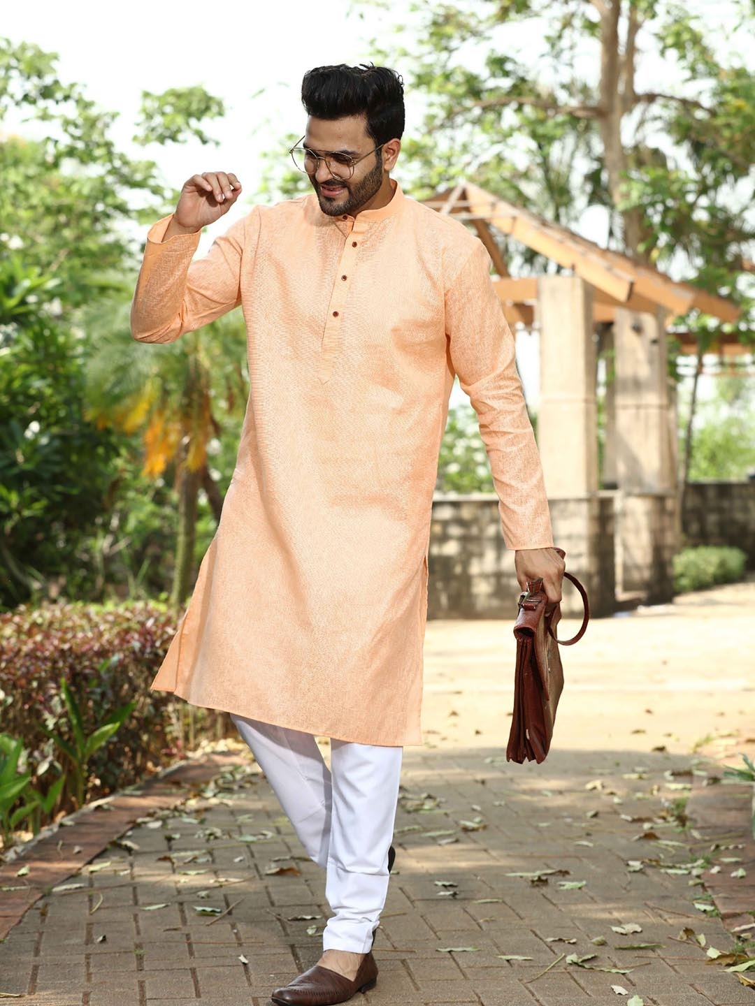 

Authentics Band Collar Regular Pure Cotton Straight Kurta with Pyjamas, Orange