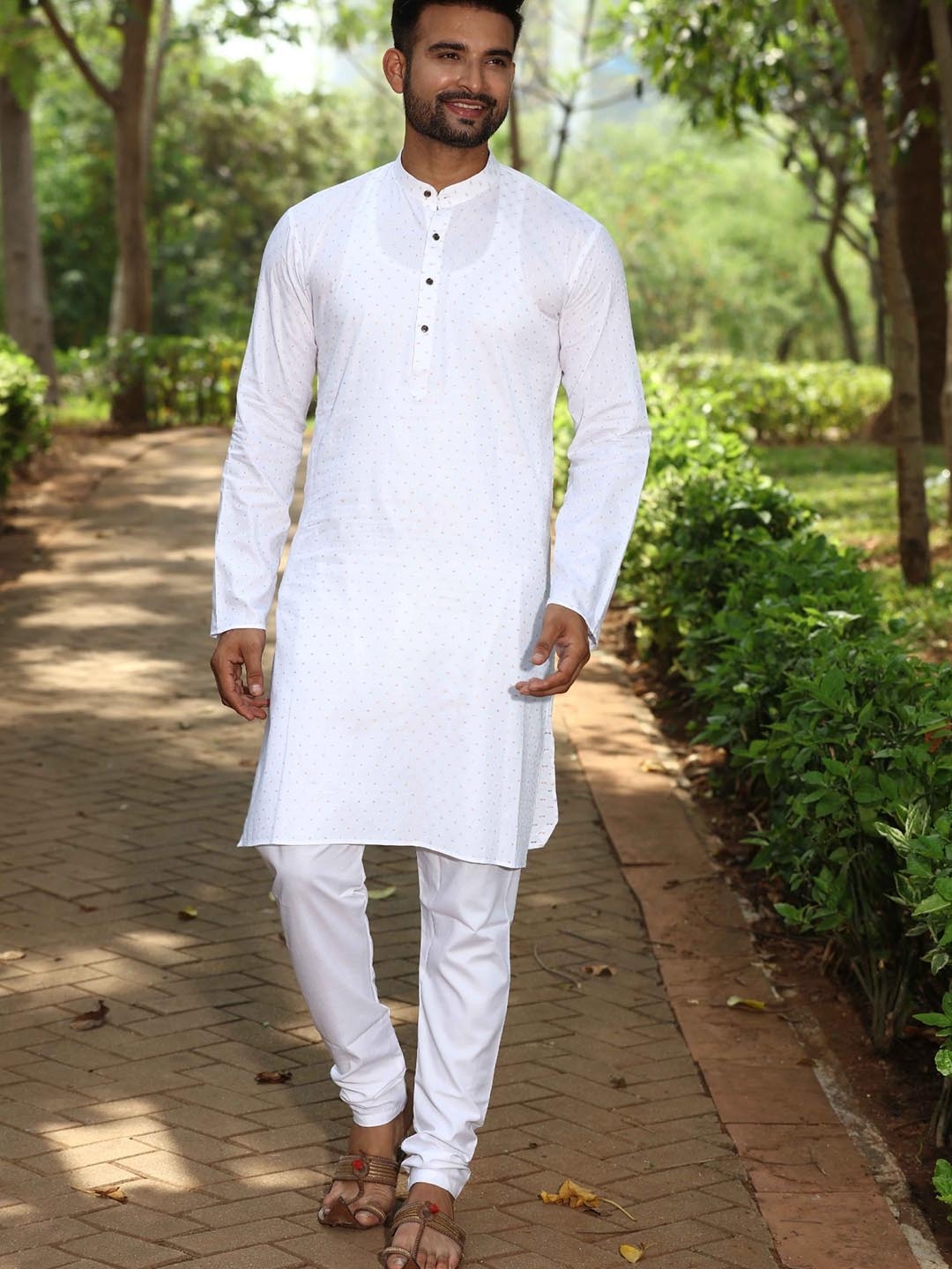 

Authentics Polka Dot Printed Band Collar Regular Kurta with Pyjamas, White