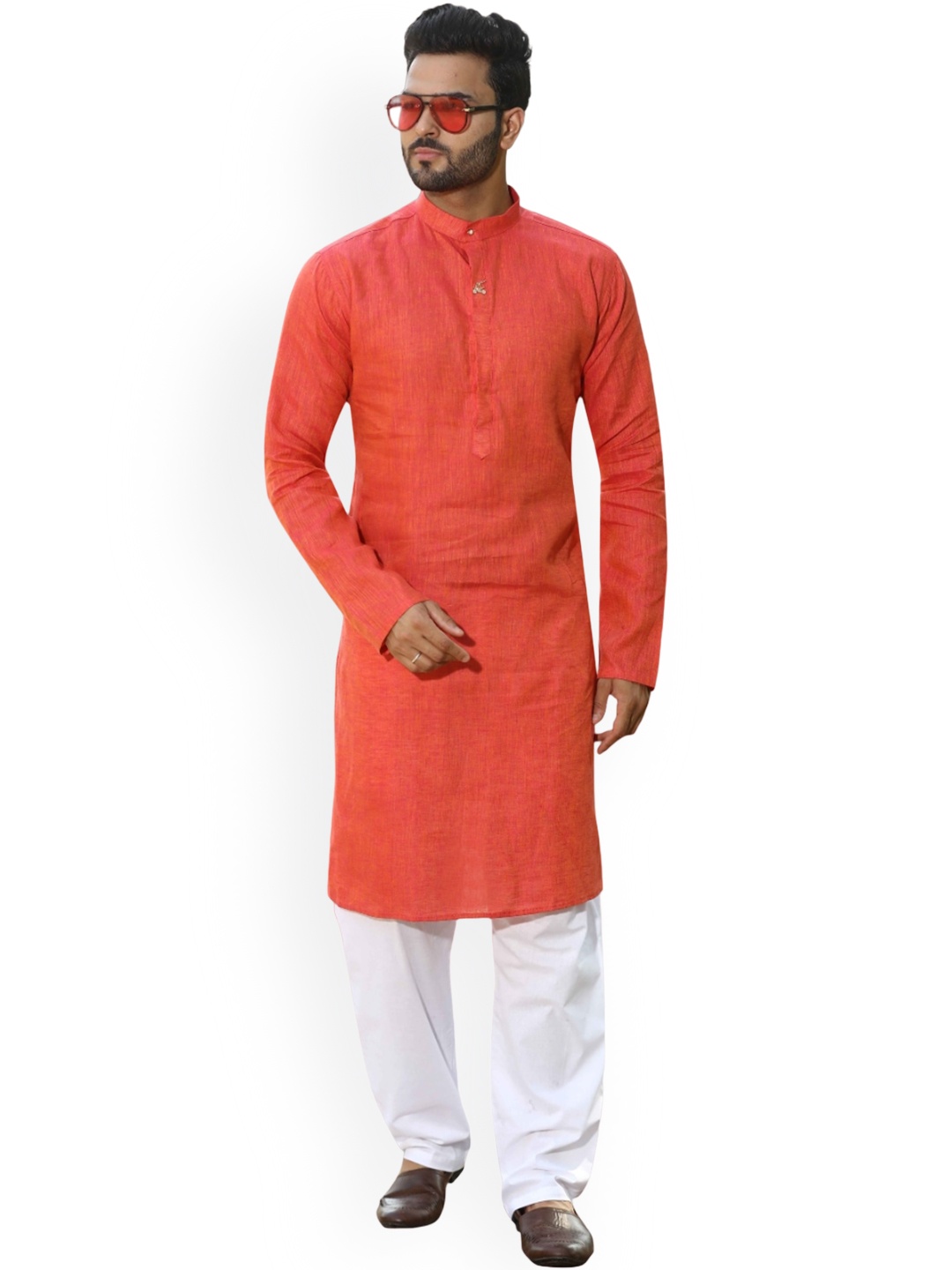 

Authentics Mandarin Collar Pure Linen Kurta with Churidar, Pink